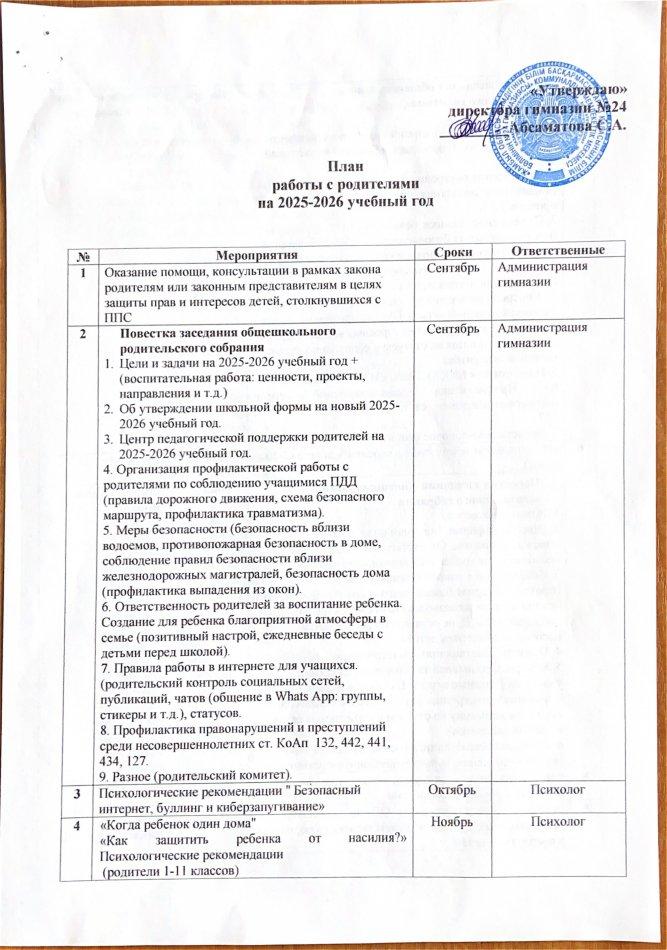 План работы с родителями на 2025-2026 уч.год