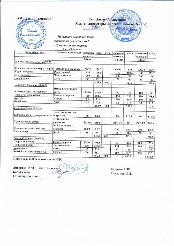 Меню на неделю с 27.04.2026 по 30.04.2026