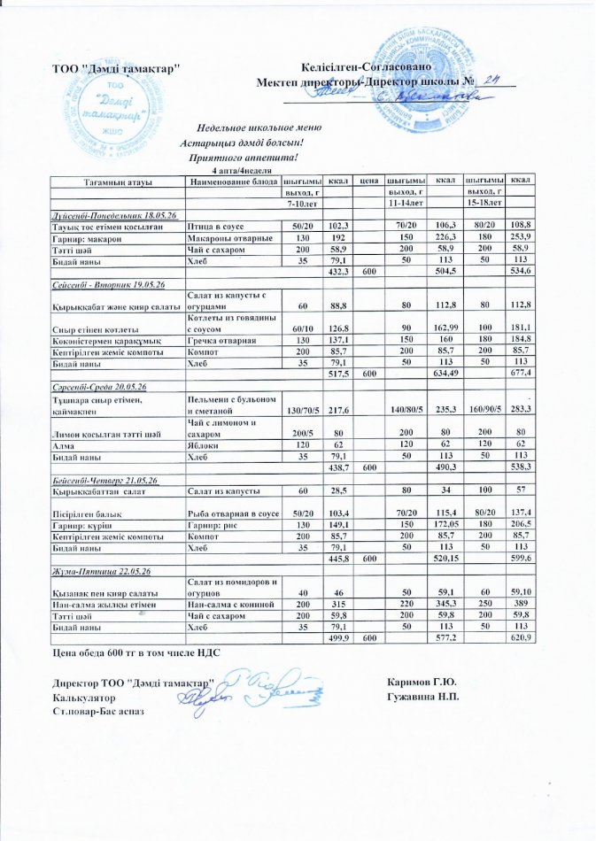 Меню на неделю с 18.05.2026 по 22.05.2026